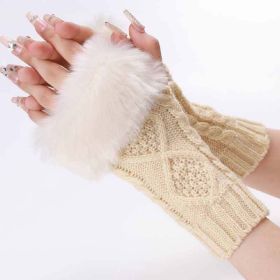 Autumn & Winter Knit Gloves Ribbing Crochet Gloves Women's Plush Warm Fingerless Gloves (Color: Beige Color)