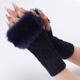 Autumn & Winter Knit Gloves Ribbing Crochet Gloves Women's Plush Warm Fingerless Gloves (Color: Navy blue)