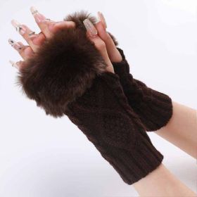 Autumn & Winter Knit Gloves Ribbing Crochet Gloves Women's Plush Warm Fingerless Gloves (Color: Coffee)
