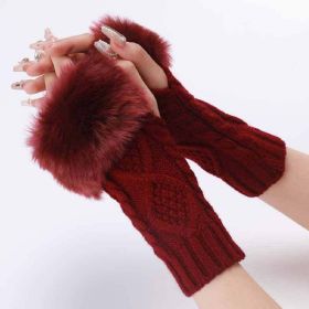 Autumn & Winter Knit Gloves Ribbing Crochet Gloves Women's Plush Warm Fingerless Gloves (Color: Burgundy)