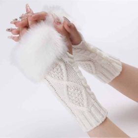 Autumn & Winter Knit Gloves Ribbing Crochet Gloves Women's Plush Warm Fingerless Gloves (Color: White)