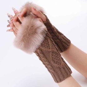 Autumn & Winter Knit Gloves Ribbing Crochet Gloves Women's Plush Warm Fingerless Gloves (Color: Khaki)