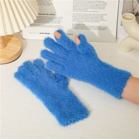 Imitation Of Mink Wool And Velvet Cold Thermal Gloves Simple Candy Color Students Five Finger Gloves Adult (Color: Blue)