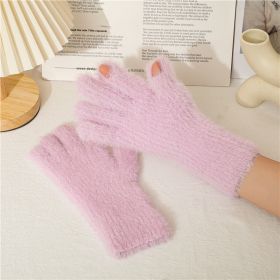 Imitation Of Mink Wool And Velvet Cold Thermal Gloves Simple Candy Color Students Five Finger Gloves Adult (Color: Pink)