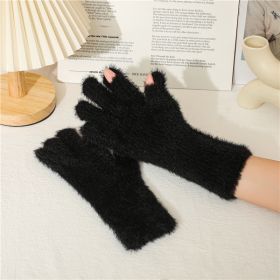 Imitation Of Mink Wool And Velvet Cold Thermal Gloves Simple Candy Color Students Five Finger Gloves Adult (Color: Black)