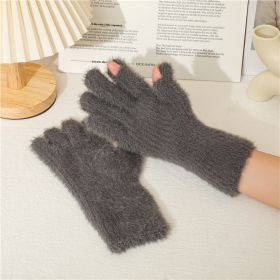 Imitation Of Mink Wool And Velvet Cold Thermal Gloves Simple Candy Color Students Five Finger Gloves Adult (Color: Grey)