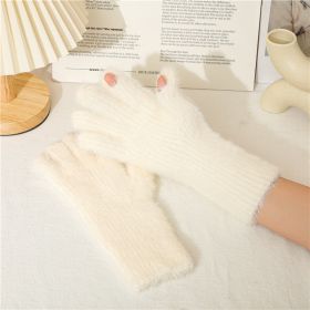 Imitation Of Mink Wool And Velvet Cold Thermal Gloves Simple Candy Color Students Five Finger Gloves Adult (Color: White)