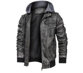 Men's Faux Leather Hooded Jacket (Color: Black, size: M)