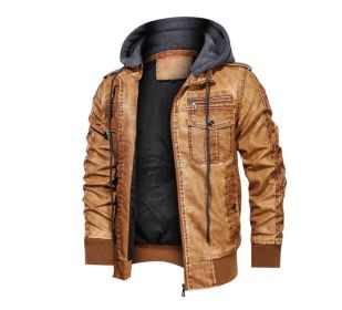 Men's Faux Leather Hooded Jacket (Color: Brown, size: L)
