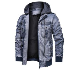 Men's Faux Leather Hooded Jacket (Color: Blue, size: XL)