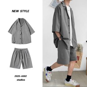 Korean Style Men&#39;s Set Suit Jacket and Shorts Solid Thin Short Sleeve Top Matching Bottoms Summer Fashion Oversized Clothing Man (Color: Gris, size: L 50-60kg)