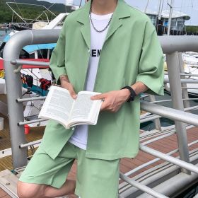 Korean Style Men&#39;s Set Suit Jacket and Shorts Solid Thin Short Sleeve Top Matching Bottoms Summer Fashion Oversized Clothing Man (Color: Turquesa, size: XL 60-70kg)