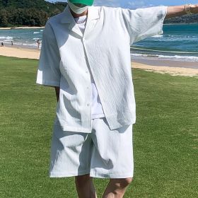 Korean Style Men&#39;s Set Suit Jacket and Shorts Solid Thin Short Sleeve Top Matching Bottoms Summer Fashion Oversized Clothing Man (Color: Blanco, size: 4XL 85-92k)