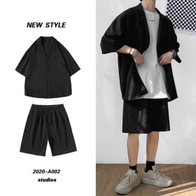 Korean Style Men&#39;s Set Suit Jacket and Shorts Solid Thin Short Sleeve Top Matching Bottoms Summer Fashion Oversized Clothing Man (Color: Negro, size: M 45-50kg)