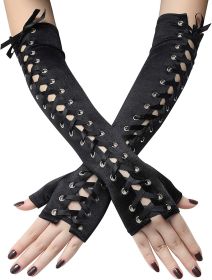 Womens Sexy Elbow Length Punk Fingerless Arm Warmer Goth Black Misa Amane Cosplay Accessories Fishnet Mesh Party LACE Gloves (Color: BLACK---2)