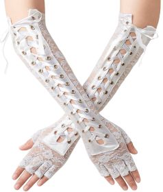Womens Sexy Elbow Length Punk Fingerless Arm Warmer Goth Black Misa Amane Cosplay Accessories Fishnet Mesh Party LACE Gloves (Color: white---1)