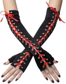 Womens Sexy Elbow Length Punk Fingerless Arm Warmer Goth Black Misa Amane Cosplay Accessories Fishnet Mesh Party LACE Gloves (Color: RED---2)