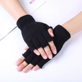 1Pair Unisex Black Half Finger Fingerless Gloves for Women and Men Wool Knit Wrist Cotton Gloves Winter Warm Work Gloves (Color: Black)