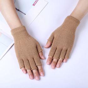 1Pair Unisex Black Half Finger Fingerless Gloves for Women and Men Wool Knit Wrist Cotton Gloves Winter Warm Work Gloves (Color: Khaki)
