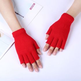 1Pair Unisex Black Half Finger Fingerless Gloves for Women and Men Wool Knit Wrist Cotton Gloves Winter Warm Work Gloves (Color: Red)