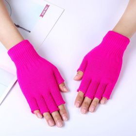 1Pair Unisex Black Half Finger Fingerless Gloves for Women and Men Wool Knit Wrist Cotton Gloves Winter Warm Work Gloves (Color: Rose Red)