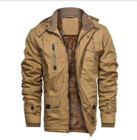 Mens Hooded Casual Zipper Fleece Jacket (Color: Brown, size: L)