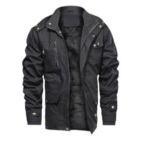 Mens Hooded Casual Zipper Fleece Jacket (Color: Black, size: L)