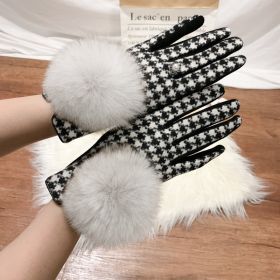 Women's Cashmere Gloves Ladies Touch Screen Furry Fox Fur Ball Plaid Wool Driving Glove Female Mittens (Color: Color 3, Gloves Size: One Size)
