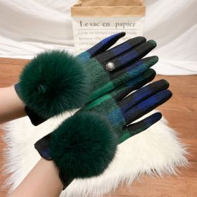Women's Cashmere Gloves Ladies Touch Screen Furry Fox Fur Ball Plaid Wool Driving Glove Female Mittens (Color: Color 10, Gloves Size: One Size)