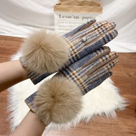 Women's Cashmere Gloves Ladies Touch Screen Furry Fox Fur Ball Plaid Wool Driving Glove Female Mittens (Color: Color 5, Gloves Size: One Size)