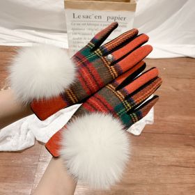 Women's Cashmere Gloves Ladies Touch Screen Furry Fox Fur Ball Plaid Wool Driving Glove Female Mittens (Color: Color 7, Gloves Size: One Size)