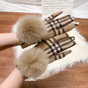 Women's Cashmere Gloves Ladies Touch Screen Furry Fox Fur Ball Plaid Wool Driving Glove Female Mittens (Color: Color 6, Gloves Size: One Size)