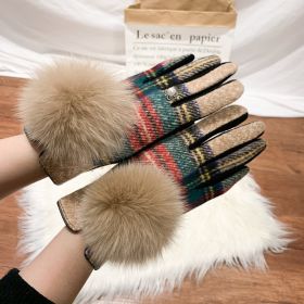 Women's Cashmere Gloves Ladies Touch Screen Furry Fox Fur Ball Plaid Wool Driving Glove Female Mittens (Color: Color 1, Gloves Size: One Size)