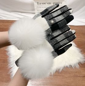Women's Cashmere Gloves Ladies Touch Screen Furry Fox Fur Ball Plaid Wool Driving Glove Female Mittens (Color: Color 2, Gloves Size: One Size)