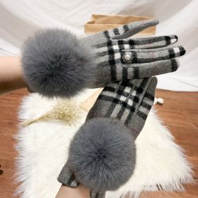 Women's Cashmere Gloves Ladies Touch Screen Furry Fox Fur Ball Plaid Wool Driving Glove Female Mittens (Color: Color 9, Gloves Size: One Size)