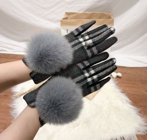 Women's Cashmere Gloves Ladies Touch Screen Furry Fox Fur Ball Plaid Wool Driving Glove Female Mittens (Color: Color 8, Gloves Size: One Size)