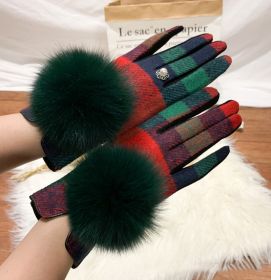 Women's Cashmere Gloves Ladies Touch Screen Furry Fox Fur Ball Plaid Wool Driving Glove Female Mittens (Color: Color 4, Gloves Size: One Size)