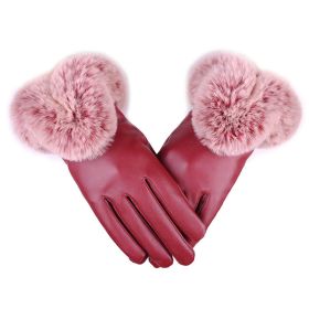 Women Winter Gloves Faux Rabbit PU Leather Touch Screen Mittens Lady Female Outdoor Driving Warm Gloves (Color: WINE, Gloves Size: One Size)