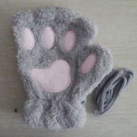 Fashion Girls Lovely Cat Claw Paw Plush Mittens Warm Soft Plush Short Fingerless women Leisure Bear Cat Gloves Half Finger Gifts (Color: Grey, Gloves Size: One Size)
