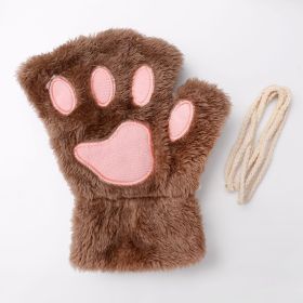 Fashion Girls Lovely Cat Claw Paw Plush Mittens Warm Soft Plush Short Fingerless women Leisure Bear Cat Gloves Half Finger Gifts (Color: Khaki, Gloves Size: One Size)