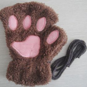 Fashion Girls Lovely Cat Claw Paw Plush Mittens Warm Soft Plush Short Fingerless women Leisure Bear Cat Gloves Half Finger Gifts (Color: light coffee, Gloves Size: One Size)