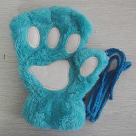 Fashion Girls Lovely Cat Claw Paw Plush Mittens Warm Soft Plush Short Fingerless women Leisure Bear Cat Gloves Half Finger Gifts (Color: lake blue, Gloves Size: One Size)