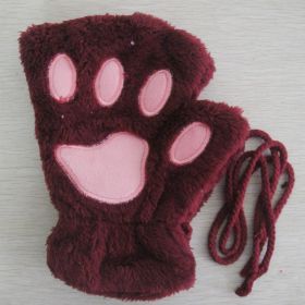 Fashion Girls Lovely Cat Claw Paw Plush Mittens Warm Soft Plush Short Fingerless women Leisure Bear Cat Gloves Half Finger Gifts (Color: wine red, Gloves Size: One Size)