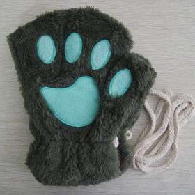 Fashion Girls Lovely Cat Claw Paw Plush Mittens Warm Soft Plush Short Fingerless women Leisure Bear Cat Gloves Half Finger Gifts (Color: Green, Gloves Size: One Size)