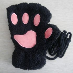 Fashion Girls Lovely Cat Claw Paw Plush Mittens Warm Soft Plush Short Fingerless women Leisure Bear Cat Gloves Half Finger Gifts (Color: Black, Gloves Size: One Size)