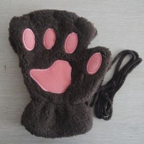 Fashion Girls Lovely Cat Claw Paw Plush Mittens Warm Soft Plush Short Fingerless women Leisure Bear Cat Gloves Half Finger Gifts (Color: dark coffee, Gloves Size: One Size)