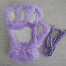 Fashion Girls Lovely Cat Claw Paw Plush Mittens Warm Soft Plush Short Fingerless women Leisure Bear Cat Gloves Half Finger Gifts (Color: Purple, Gloves Size: One Size)