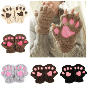 Fashion Girls Lovely Cat Claw Paw Plush Mittens Warm Soft Plush Short Fingerless women Leisure Bear Cat Gloves Half Finger Gifts (Color: 3 Pairs Random, Gloves Size: One Size)