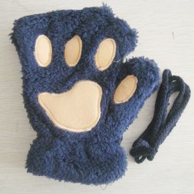 Fashion Girls Lovely Cat Claw Paw Plush Mittens Warm Soft Plush Short Fingerless women Leisure Bear Cat Gloves Half Finger Gifts (Color: NAVY, Gloves Size: One Size)