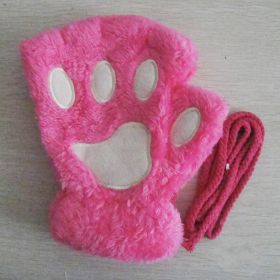 Fashion Girls Lovely Cat Claw Paw Plush Mittens Warm Soft Plush Short Fingerless women Leisure Bear Cat Gloves Half Finger Gifts (Color: Rose Red, Gloves Size: One Size)
